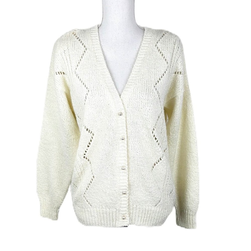 Vintage Diane Von Furstenberg Cardigan Women Medium Cream Pearl Button Sweater